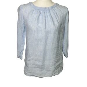 Boden Katie blue and white striped 100% linen 3/4 sleeve back button top size 6